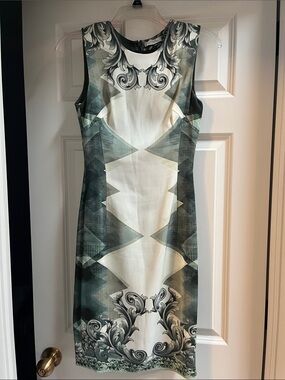 Versace collectionSleeveless Geometric Print Shift Dress in Sage Green and Cream